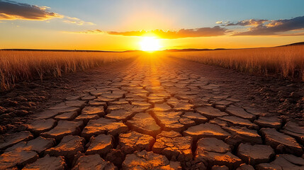 Obraz premium Dry Soil Cracks During Sunset with Golden Light in Field Beautifully