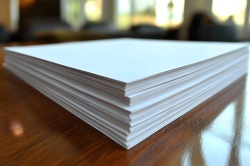 Stack of Blank Printer Paper on Wooden Desk in Sunlit Office