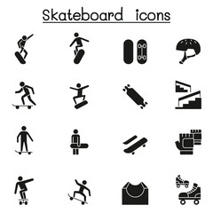 Skateboard icon set in thin line style