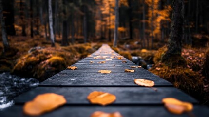 nature retreats, a peaceful wooden bridge over a bubbling stream, enveloped by golden autumn leaves and serene forest sounds, offering effortless balance at a forest therapy retreat