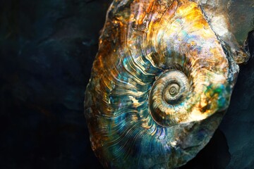 A mesmerizing ammonite fossil, iridescent with vibrant blues, golds, and greens, showcasing intricate spiral patterns.