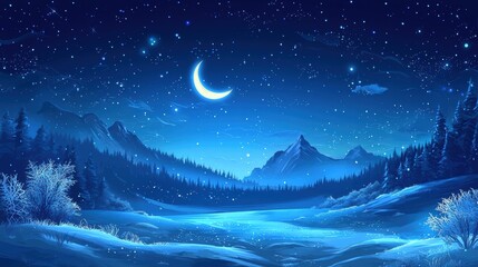 Obraz premium Serene winter night crescent moon over snowy mountains