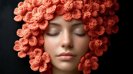 Coral Crochet Flowers Adorn Face with Closed Eyes, Serene Beauty