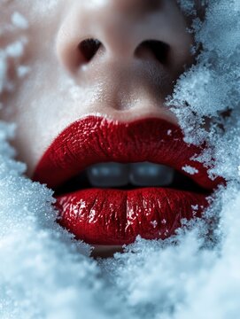 A captivating close-up of radiant red lips encapsulated by fluffy snow, blending the essence of winter with a stylish expression, evoking feelings of enchantment and beauty.
