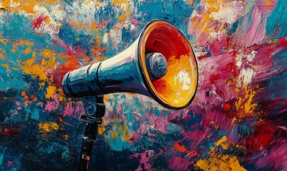 Megaphone, vibrant art and freedom of expression. Colorful, dynamic and energetic communication through art for liberty, creativity and social change. Inspiring visual message for a., Generative AI