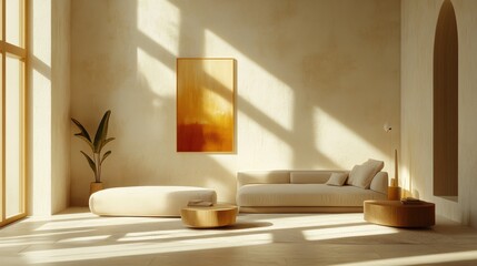 interior design concept, sunlight streams through geometric shadows onto a beige living room with eclectic accents, creating a play of form and light