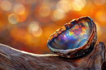 Iridescent abalone shell rests on weathered driftwood against a bokeh background of warm autumnal colors.