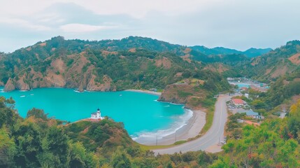 Fototapeta premium Coastal Lighthouse Scenic Overlook Turquoise Bay Highway