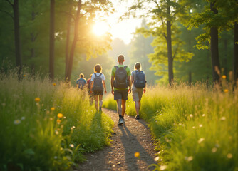 Obraz premium Group of friends hiking through forest trail at sunset