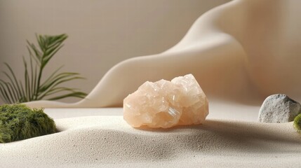 Serene crystal on beige with natural textures and pastel background