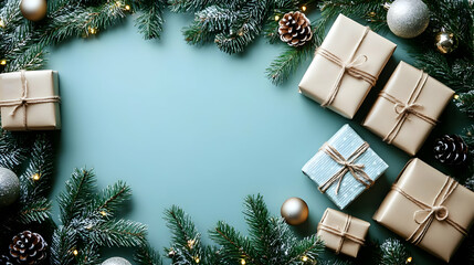 Christmas Gifts, Ornaments, and Pine Branches Decorate a Festive Scene Beautifully