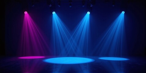 A mesmerizing dark blue stage pulsates with vibrant neon lights, electric lines dancing across the luminous, futuristic backdrop