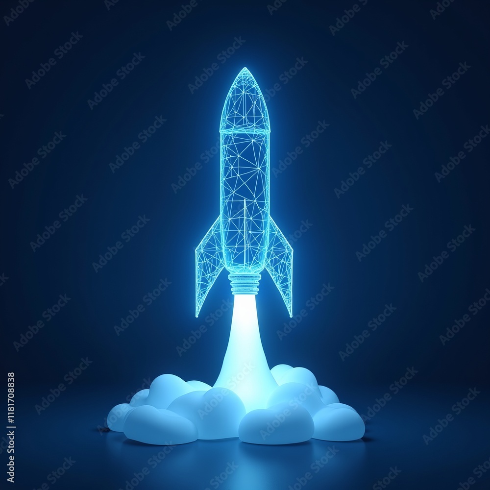 Poster blue glowing light bulb rocket launch with wireframe light connection structure, low poly 3d graphic