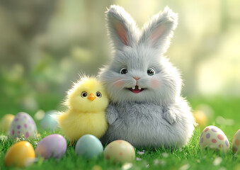 Chubby cute fluffy rabbit sits on grass with a chubby yellow chick on its lap, both happy, surrounded by Easter eggs, cartoon style