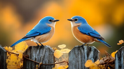 Fototapeta premium Bluebirds Perch on Fence with Autumn Leaves Gently Swaying in Golden Sunlight