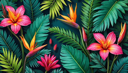 Bold Tropical Floral Pattern with Lush Jungle Leaves, Monstera and Palm Fronds, Exotic Flowers in Vivid Green and Magenta Tones