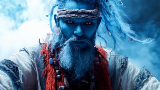 Wise old shaman with mystical attire in a glowing blue mystical fog