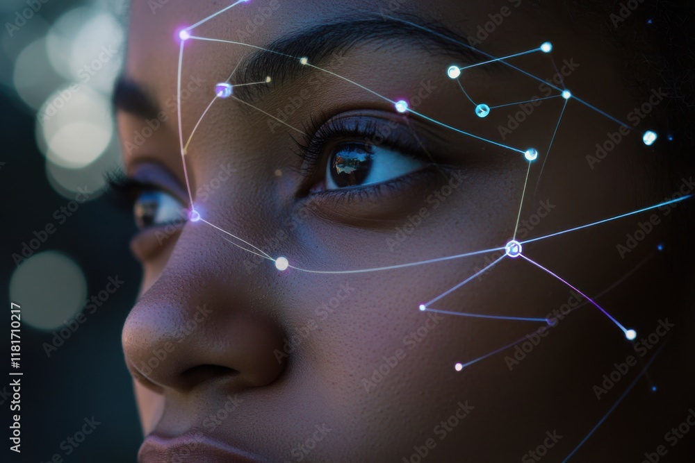 Poster facial recognition technology analyzing biometric features in close-up view