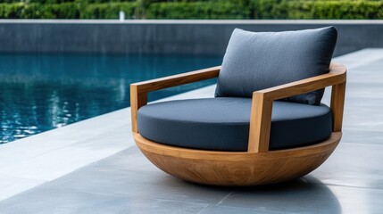 Obraz premium luxury pool terrace, luxurious villas spacious outdoor terrace with sparkling pool, built-in fire pit, high-end teak furniture, and space for text