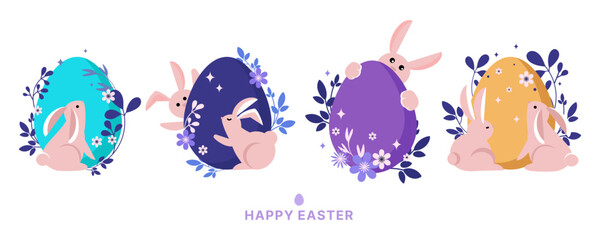Happy Easter design.Easter Rabbits with colored eggs and Spring plants and flowers,compositions collection.Holiday card,banner, social media post, creative design elements.Abstract style design.Vector