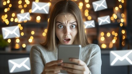 A surprised woman looks at her phone, surrounded by floating email icons.