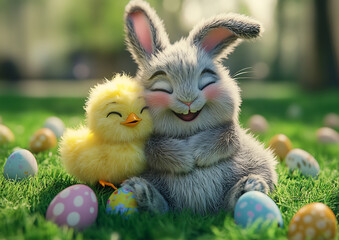 Chubby cute fluffy rabbit sits on grass with a chubby yellow chick on its lap, both happy, surrounded by Easter eggs, cartoon style