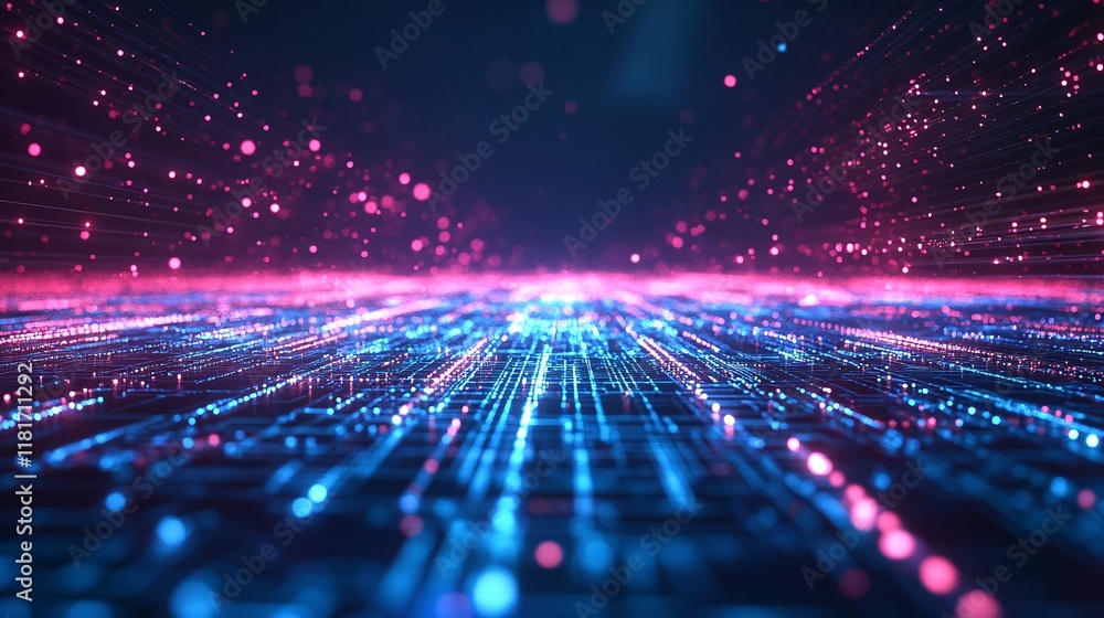 Poster abstract digital landscape with vibrant pink and blue particles, creating a sense of depth and movem