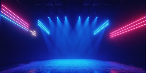 A mesmerizing dark blue stage pulsates with vibrant neon lights, electric lines dancing across the luminous, futuristic backdrop