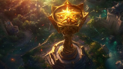 A majestic golden trophy with a star atop a grand pedestal, symbolizing triumph and victory in a fantasy realm.