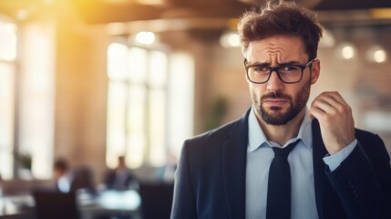 Fototapeta premium A man in a suit looks concerned, standing in a modern office environment.