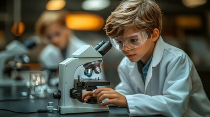 Young Scientist Uses Microscope, Studies Biology in Lab