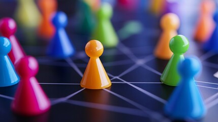 Colorful game pieces in vibrant hues arranged on a network design, symbolizing strategy and connection.