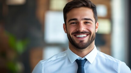 Naklejka premium A smiling man in a professional setting, conveying confidence and approachability.