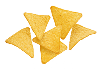 Flying mexican nachos chips isolated on white background, front view, no depth of field, sharp