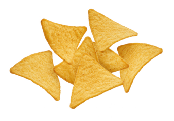 Flying mexican nachos chips isolated on white background, front view, no depth of field, sharp