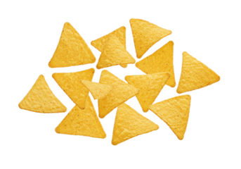 Flying mexican nachos chips isolated on white background, front view, no depth of field, sharp