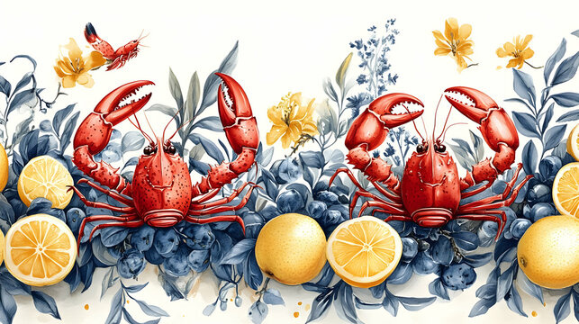 Lobster Meets Lemon: A Watercolor Seafood Delight with Floral Accents