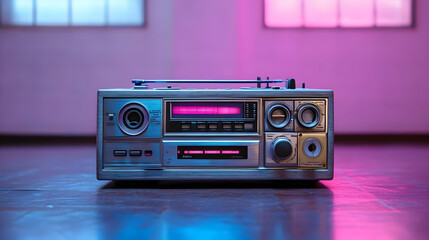 Fototapeta premium Retro Boombox Plays Music Under Neon Lights Vividly