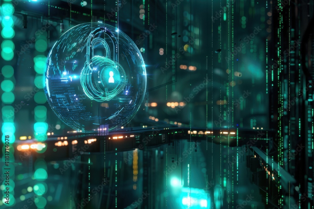 Poster futuristic holographic padlock and ai orb analyzing data security systems