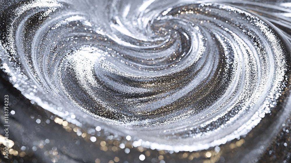 Poster a mesmerizing swirl of shimmering silver and gold dust, creating an enchanting and magical effect.