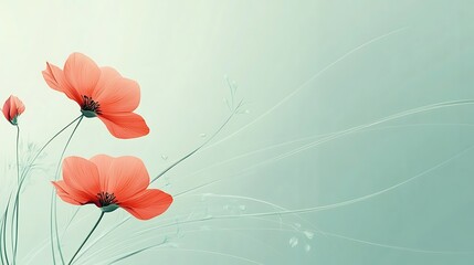 Delicate Coral Poppies on a Mint Green Background