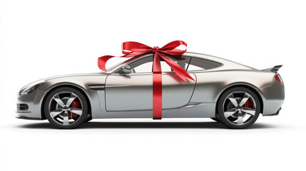 Silver sports car wrapped with a large red bow for a special gift occasion