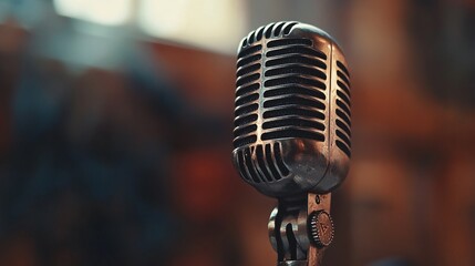 Close-up of a vintage silver microphone against a blurred background, exuding a classic musical ambiance.
