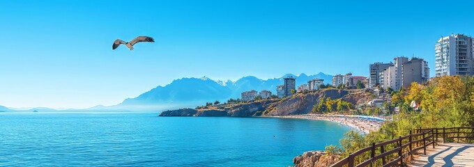 A picturesque panoramic collage showcasing the Lower Duden Waterfall, the blue sea, and mountains close to the famous resort city of Antalya, Turkey.