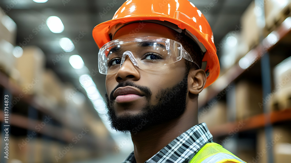 Poster warehouse worker inspects inventory efficiently and safely inside