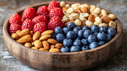 Healthy Snack Bowl Combines Almonds, Blueberries, Raspberries, and Nuts