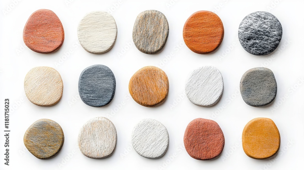 Poster collection of round textured stones in various colors arranged on a white background for design insp