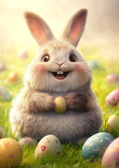 Chubby cute fluffy happy rabbit sitting on grass, surrounded by Easter eggs in cartoon style.