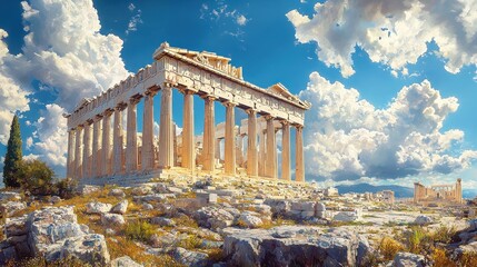 Obraz premium The image depicts an ancient temple with tall columns, surrounded by rocky terrain and a vibrant sky filled with clouds.