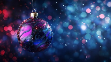 Obraz premium A vibrant Christmas ornament adorned with intricate designs, suspended against a dreamy backdrop of colorful bokeh lights.